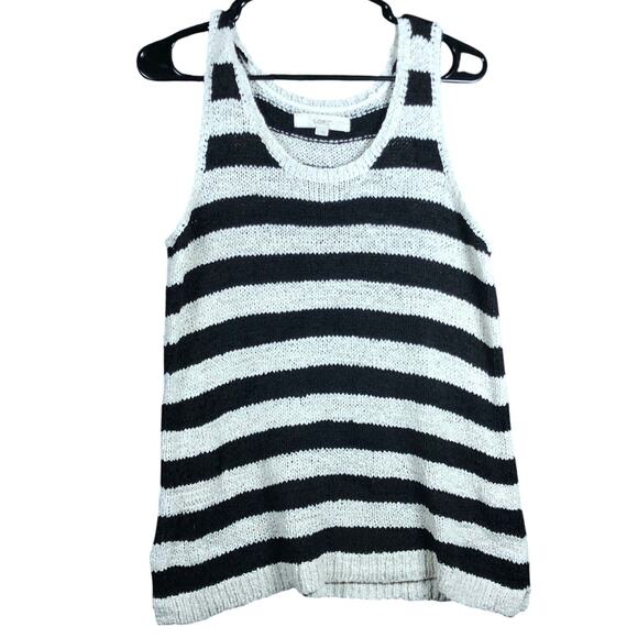 Ann Taylor Women Sweater Tank Cream Black Stripe Knitted Scoop Nylon Blend Large - Picture 1 of 12